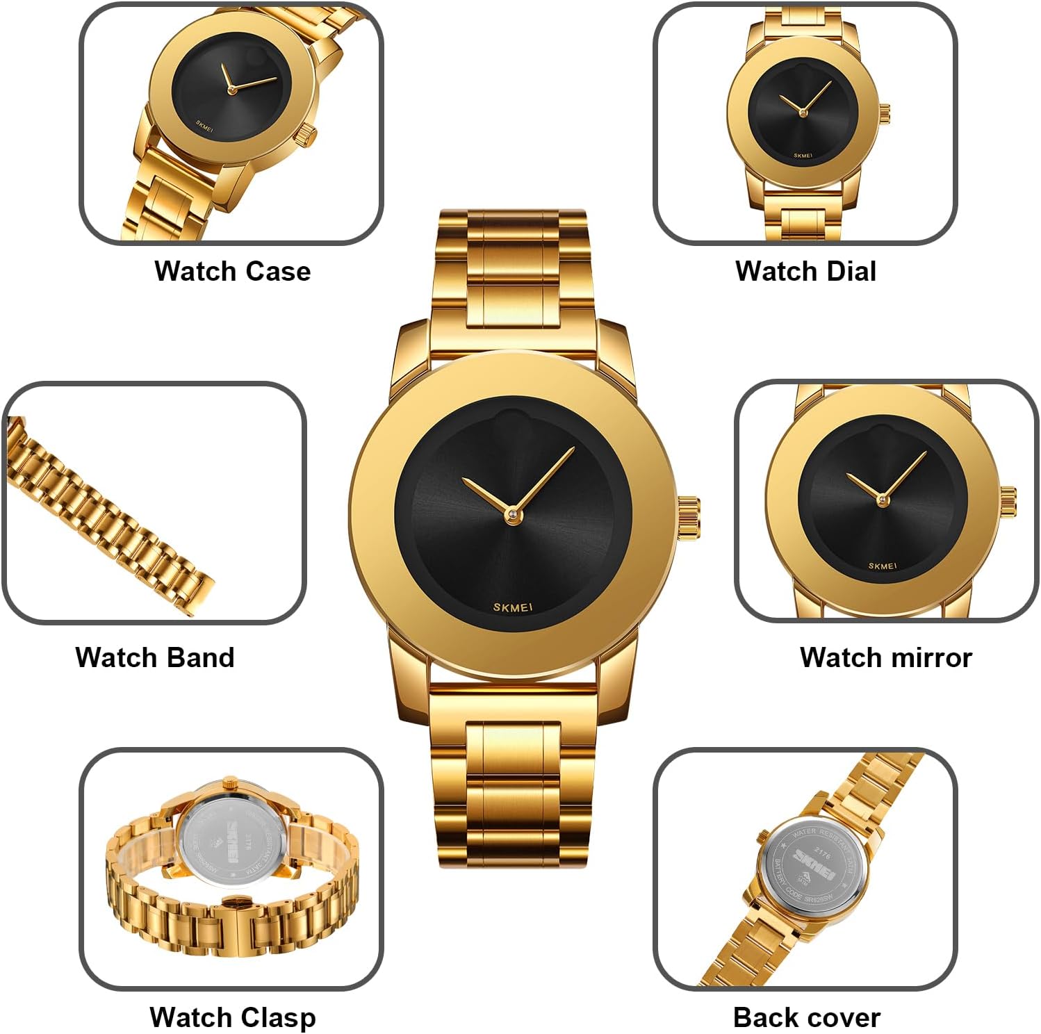 SKMEI Womens Wrist Watches,Luxury Elegant Minimalist Quartz Stainless Steel Gold Watch for Ladies with Dainty Diamond Dial Accents