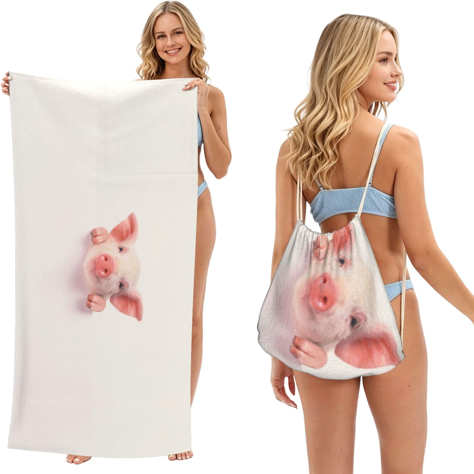 WSHFFILO Cute Pig printed 2 in 1 Packable Towel Bag Bath Towel Beach Towel
