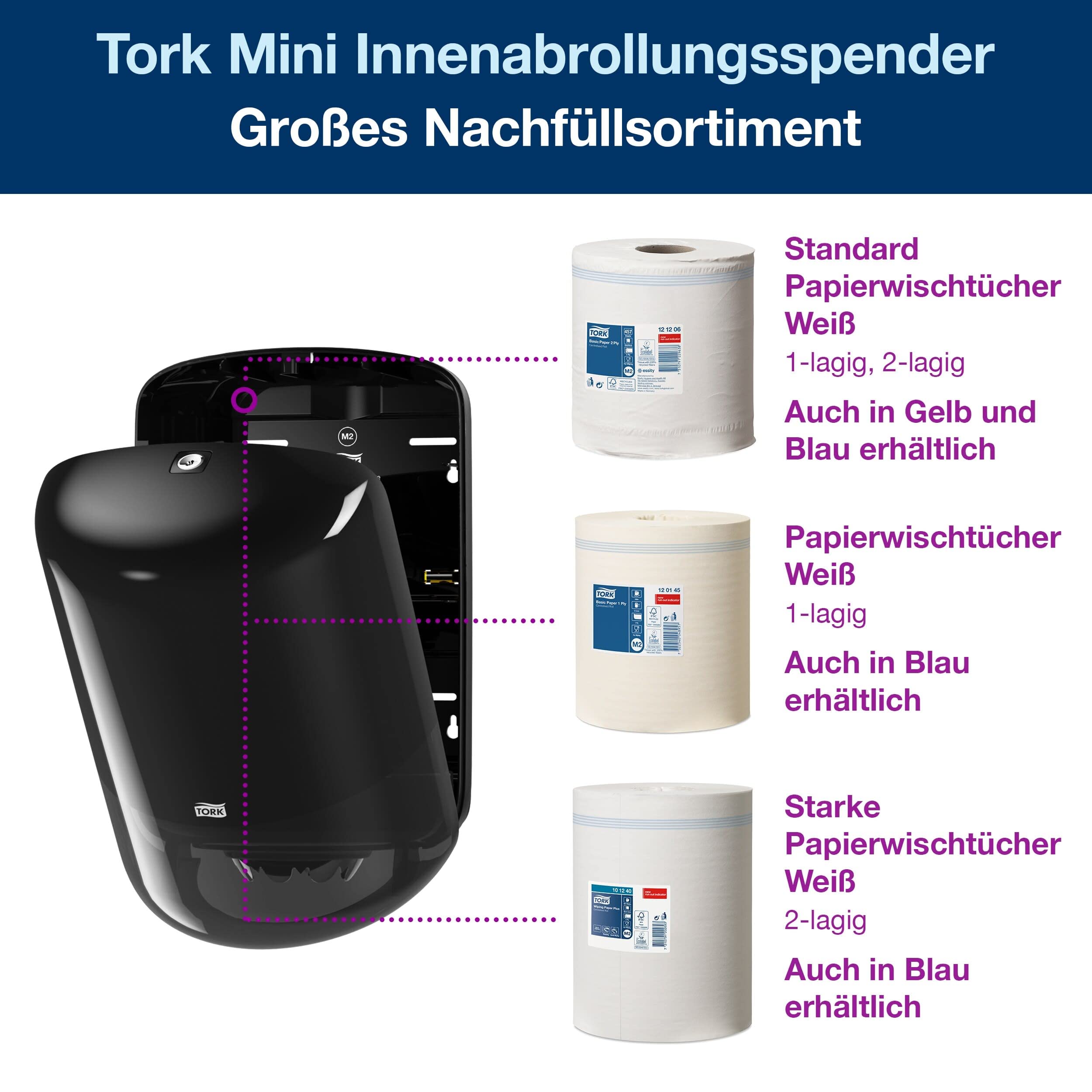 Tork 559008 Innenabrollungsspender für M2 Papierwischtücher im Elevation Design / Wischtuchspender für hygienische Einzeltuchentnahme in Schwarz