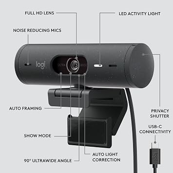 Logitech Brio 505 Full HD 1080p Webcam with auto Light Correction, framing, Dual Noise Reduction mics, Privacy Shutter - Works with Teams, Meet, Zoom, TAA Compliant.