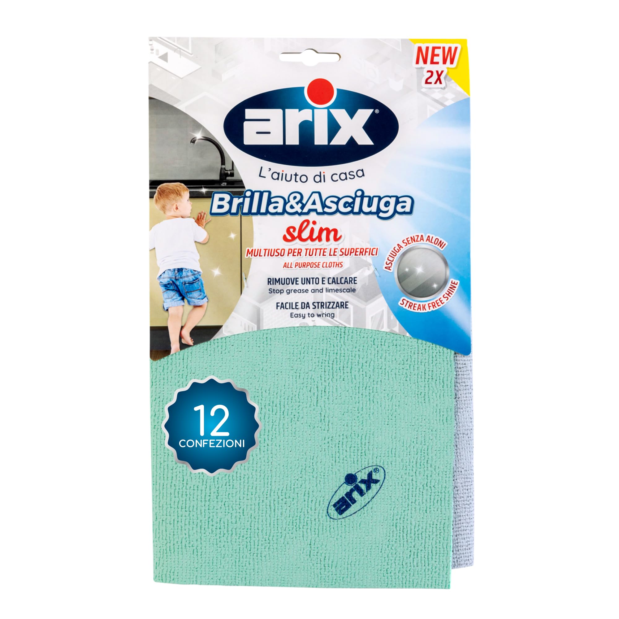 Arix | 24 Panni Brilla&Asciuga slim, 29x29 cm, Panno Multiuso per Tutte le Superfici, Asciuga Senza Aloni, Riumove Lo Sporco In Profondità, Panno Cucina Assorbente - 12 Confezioni