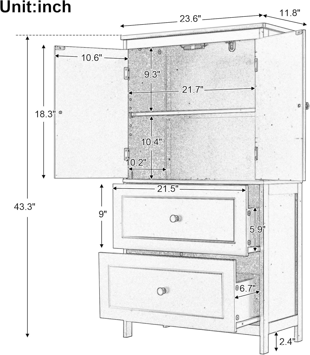 Virubi Tall Storage Cabinet,Wood Kitchen Cabinet with Drawers, Doors and Adjustable Shelves, for Bathroom, Kitchen, Office, Freestanding (White)