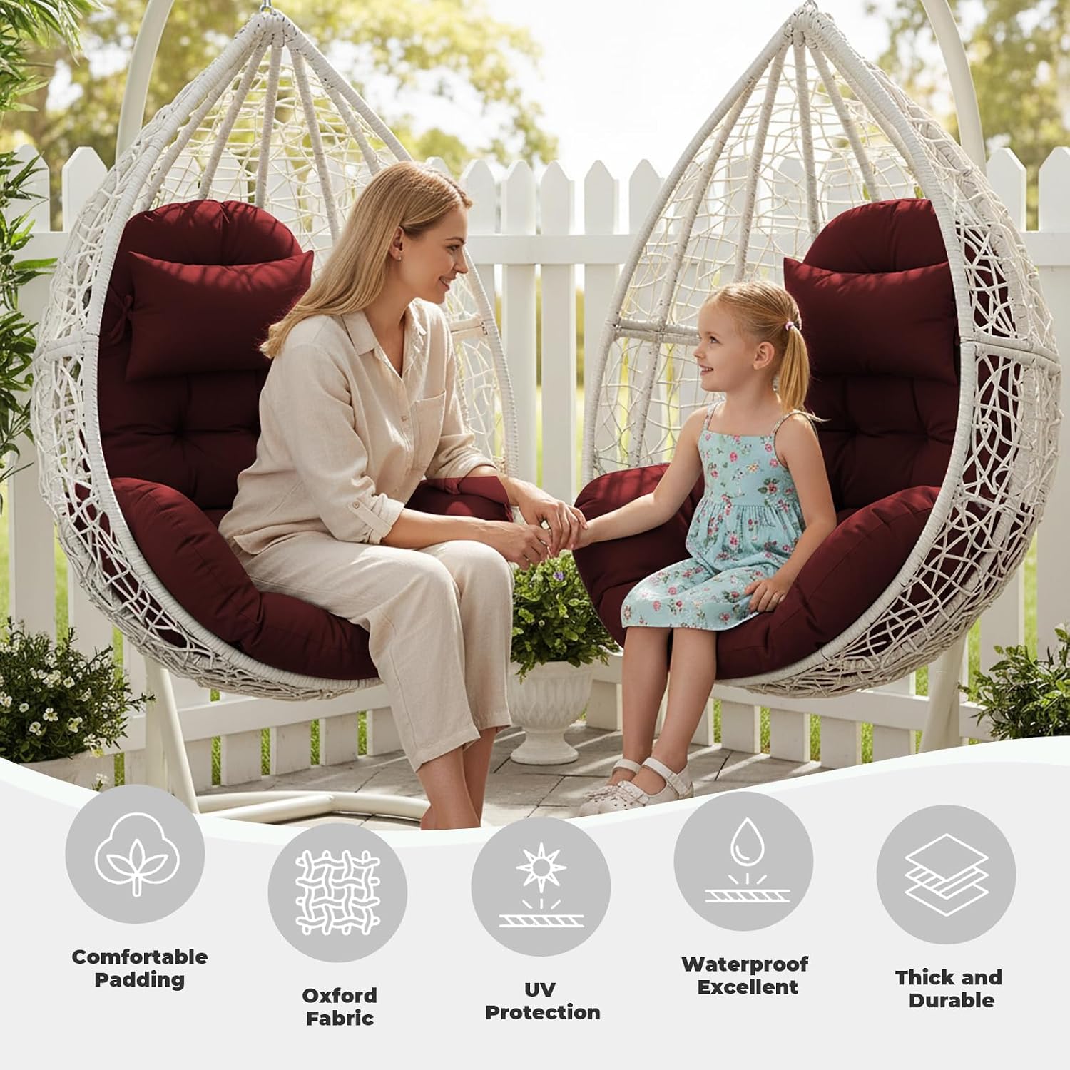 Outdoor egg Chair Cushion Replacement 51x37 Inch,Thicken Foldable Removable Waterproof Egg Chair Cushions with Headrest,Rocking Chair Cushions for Indoor Outdoor Patio Garden,Patio Swing Cushions,Red