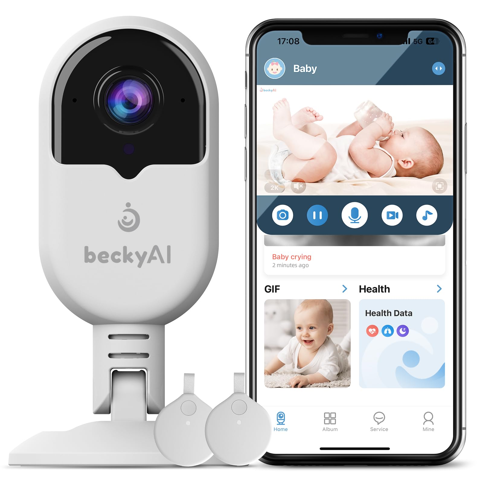 Becky Ai Intelligente Baby Monitor, Monitoraggio Respiratorio, Analisi del Sonno, Allarme di Sicurezza per Soffocamento, Visione notturna 2K HD, Condivisione di Dati Criptati, Android/IOS Compatibili