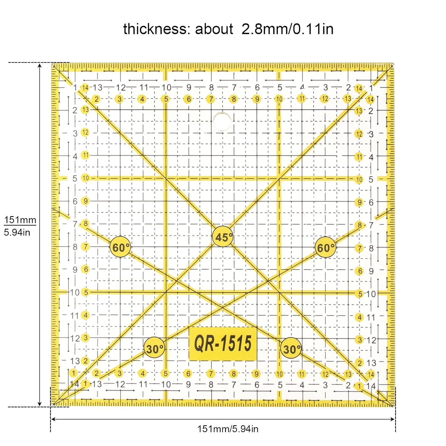 Quilting Ruler Metric 15cmx15cm with Double Colored Grid Lines Acrylic Quilters' Ruler Fabric Cutting Rule Template for Easy Precision Cutting, 15cm W x 15cm L for Quilting, Sewing & Crafts