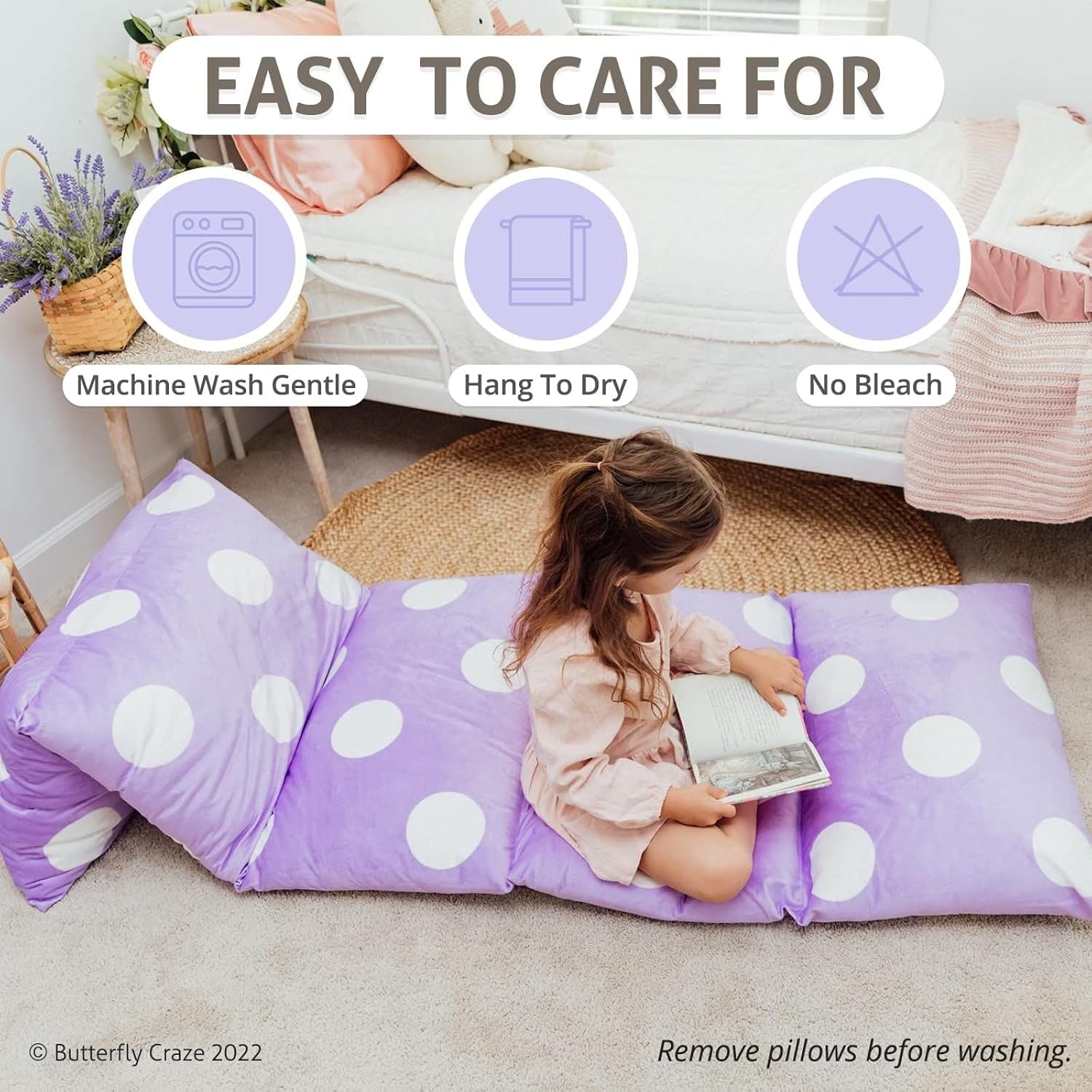 Butterfly Craze Floor Pillow Case, Mattress Bed Lounger Cover, Purple, King Size - Cozy Seating Solution for Kids Ages 3-14, Recliner Cushion, Perfect for Reading, TV Time (Pillow Not Included)