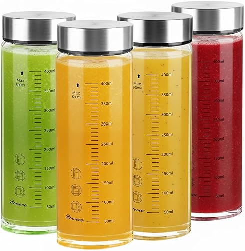Botellas de vidrio para jugo, paquete de 4 botellas de agua de vidrio de boca ancha con tapas, para jugos, proteínas, licuados, leche, 4-Paquete