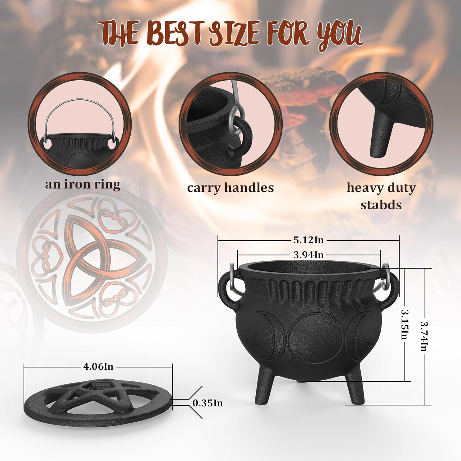 Triple Moon Cast Iron Cauldron with Handle -Mini Cast Iron Cauldron for Cooking, Pre-Seasoned, Candle Holder Rituals & Decoration, Ideal for Incense Burning, Smudging