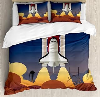 Lunarable Shuttle Duvet Cover Set, Pattern of Spaceship Launching Far into Space, Decorative 3 Piece Bedding Set with 2 Pillow Shams, California King, Night Blue Multicolor