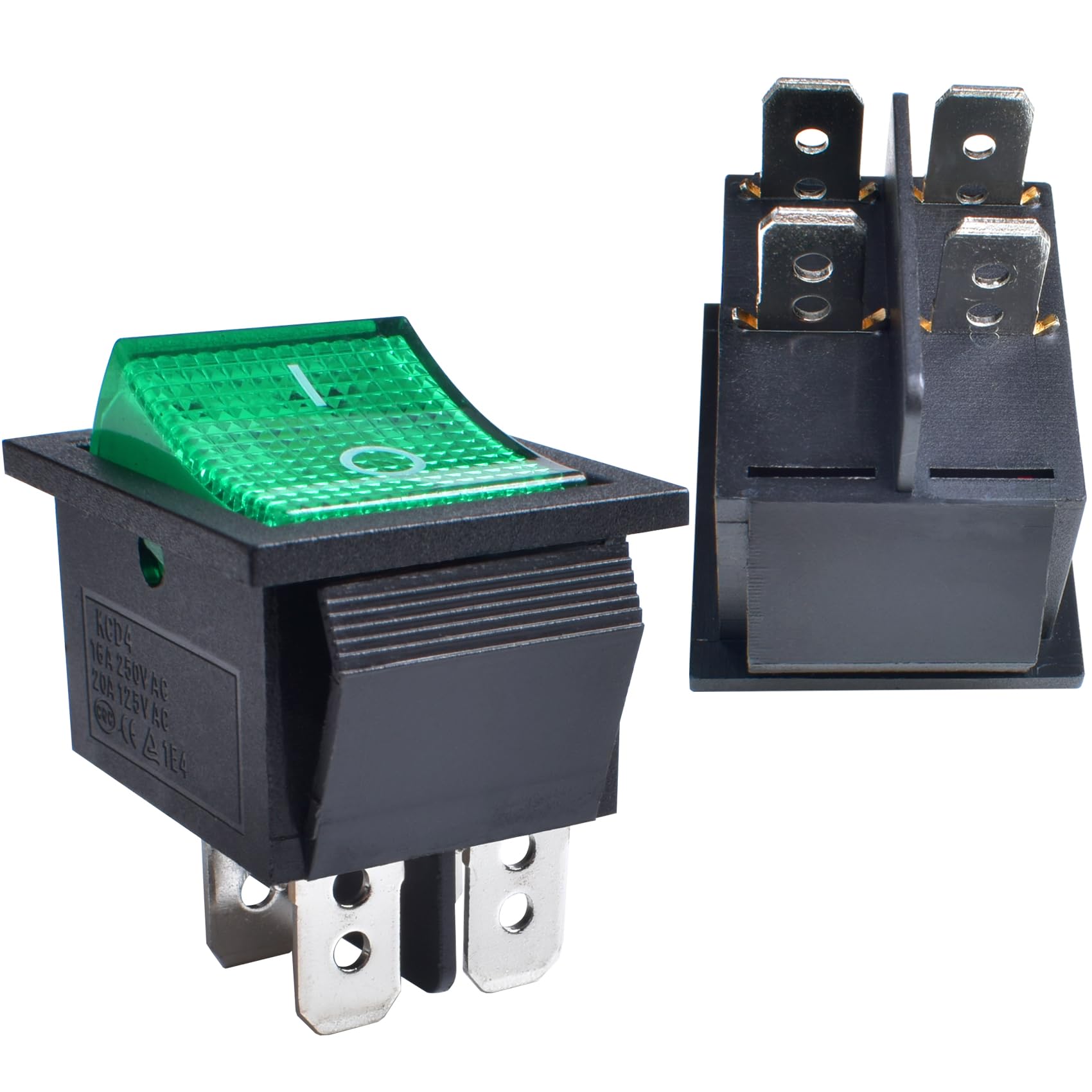 YOUFEN2 Pcs Boat Rocker Switch AC 20A 125V, 16A 250V DPST 4 Pins 2 Position On Off Green LED Light Snap in Toggle Switch for Boat Car Household Appliances