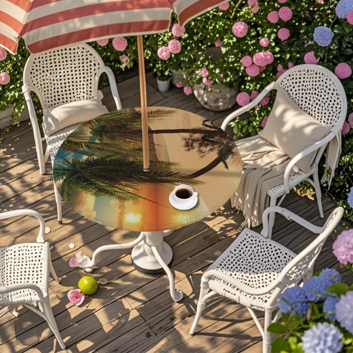 Palm Tree Ocean Beach Round Outdoor Table Cloth with Umbrella Hole Palm Tree Sunset Outdoor Round Fitted Tablecloth with Elastic Edge Waterproof Circle Table Cover for Patio Garden Picnic (45-56 in)