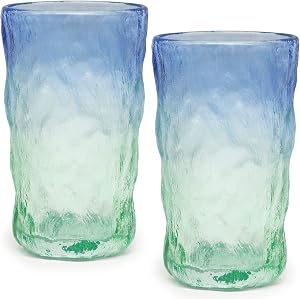 TOSSOW Drinking Glasses Set of 2,Mixed Drink Glassware Sets Glacier Pattern Colorful Glass Water Cups for Wine, Beer, Juice, Mojito and Cocktail(12 oz) (Blue+Green)