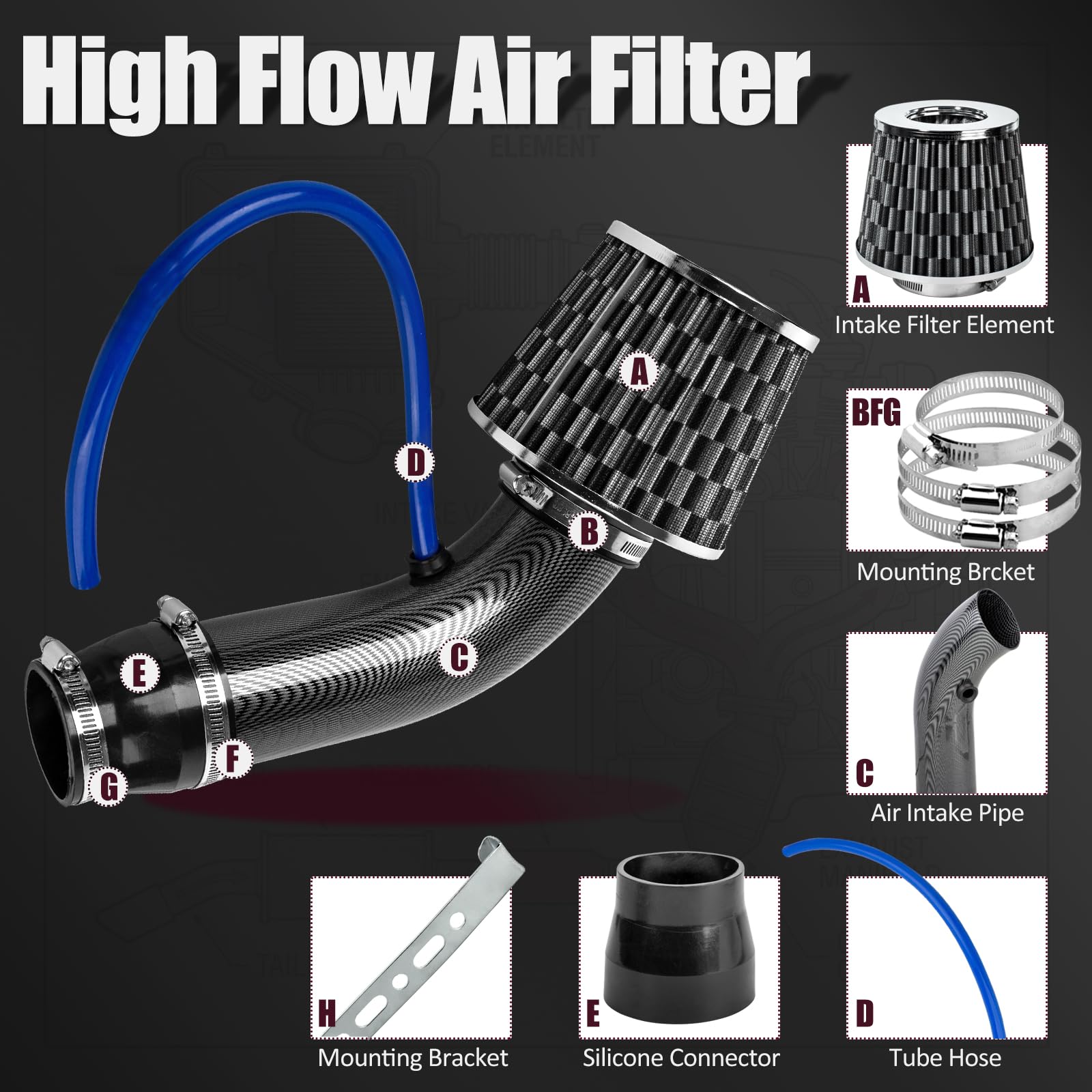 Catekro 76mm Toma de Aire Frío, Filtro Cónico Universal con Tubería de Aluminio Sistema de Admisión de Aire para Aumentar Potencia y Mejorar Sonido del Motor Filtro Reutilizable para Coche (Negro)