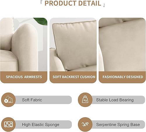 Miniatura 6 de Cómodo sofá biplaza de tela de terciopelo de 70 pulgadas de ancho con asiento profundo y patas de madera maciza, moderno sofá reclinable de mediados