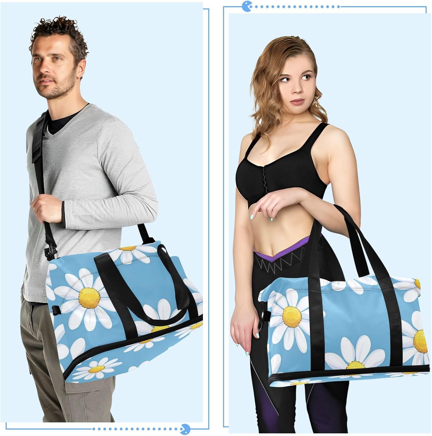 Blue and White Daisies Large Gym Bag Sports Gym Tote Bag with Adjustable Strap for Hiking 2 Pcs Set