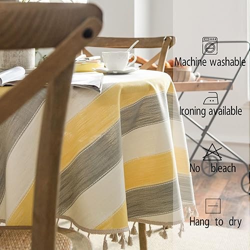 Miniatura 6 de Fhberni Mantel redondo rústico de lino de algodón a rayas con borlas, mantel resistente para mesa de cocina, comedor, decoración de Navidad