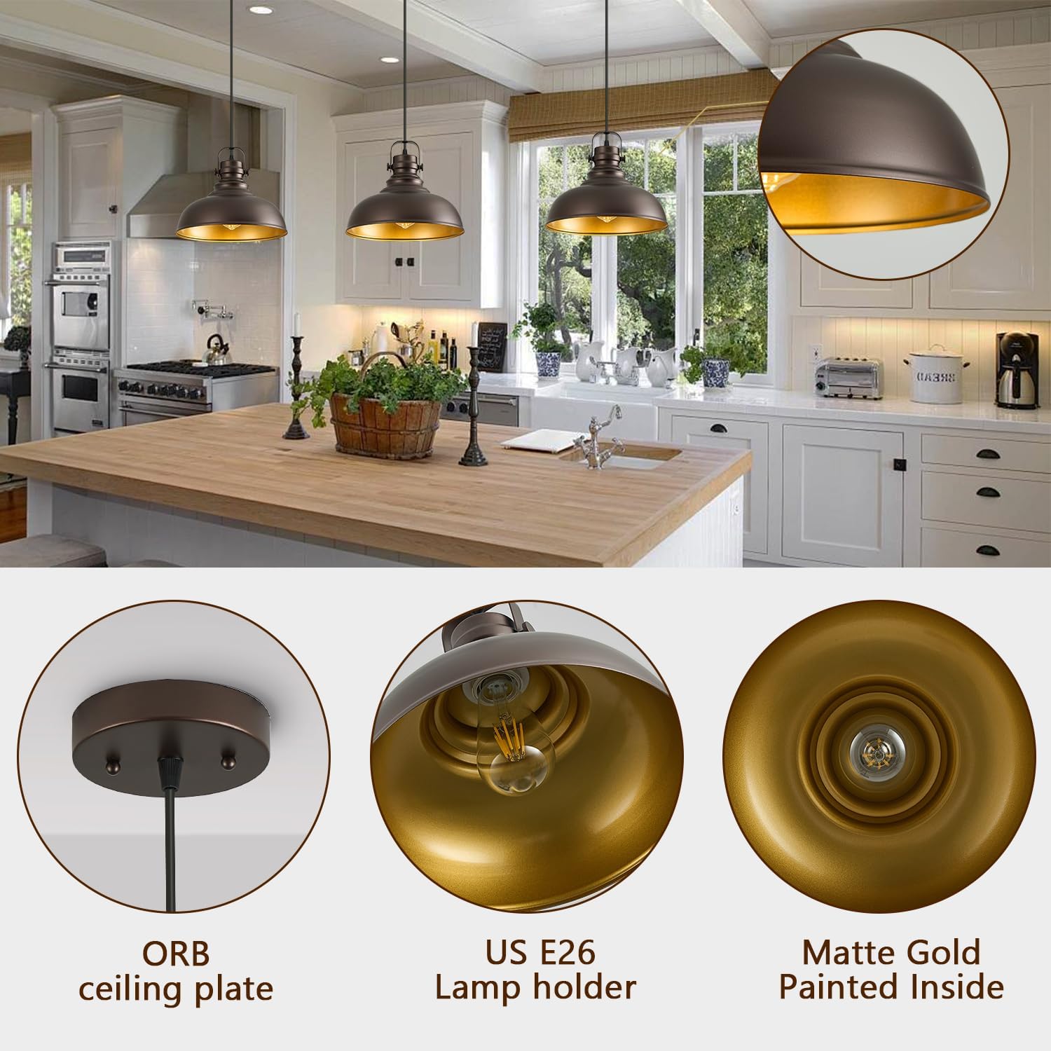 Refice 3 Packs Farmhouse Pendant Lights, Oil Rubbed Bronze Pendant Lighting, lsland Pendant Lights for Kitchen lsland lndustrial Adjustable Height Dome Hanging Lights for Barn, Dining Room