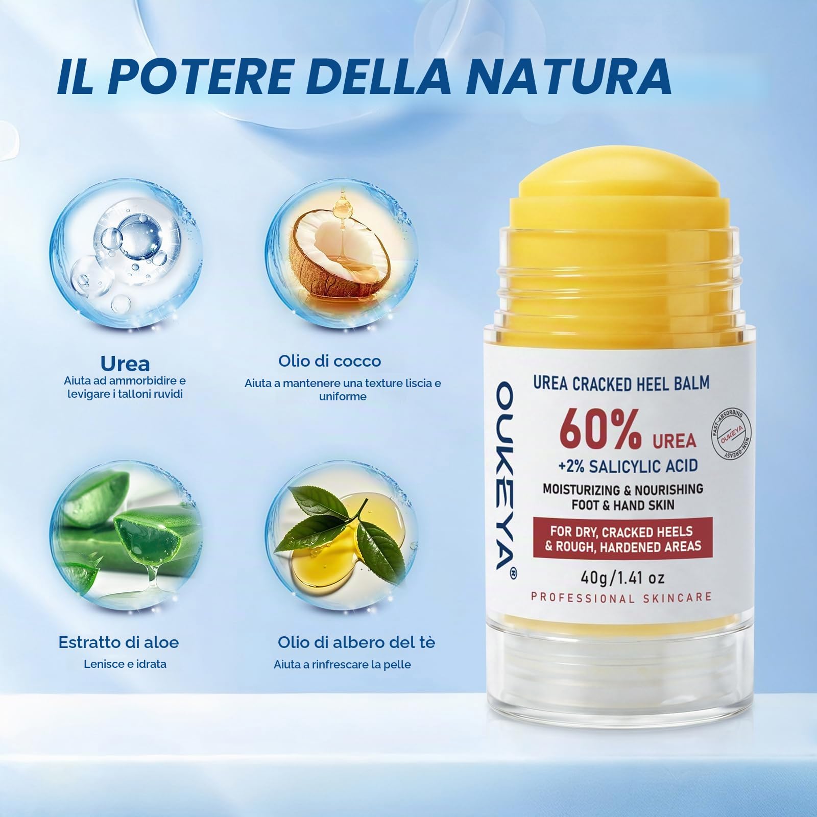 OUKEYA Stick Anti-Callosità con 60% Urea & 2% SA, Balsamo Solido Ammorbidente per Talloni, Piedi, Gomiti e Ginocchia, Cura Intensiva per Pelle Secca e Ruvida, 40 g
