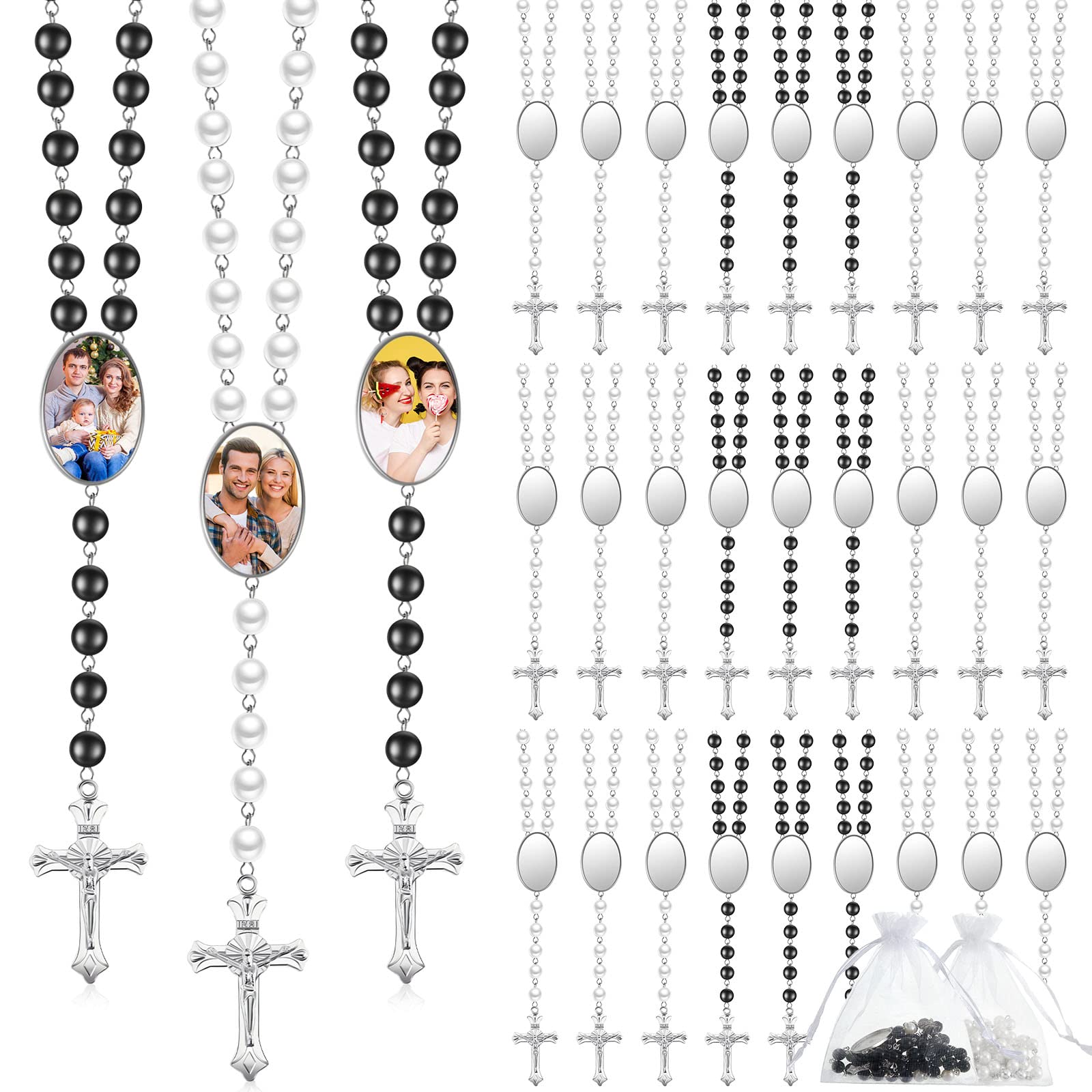 Taiyin Sublimation Blanks Rosary Beads Necklace Set Catholic Rosaries Printable Insert Necklace Prayer Beads with Sheer Organza Bags for Baptism Women