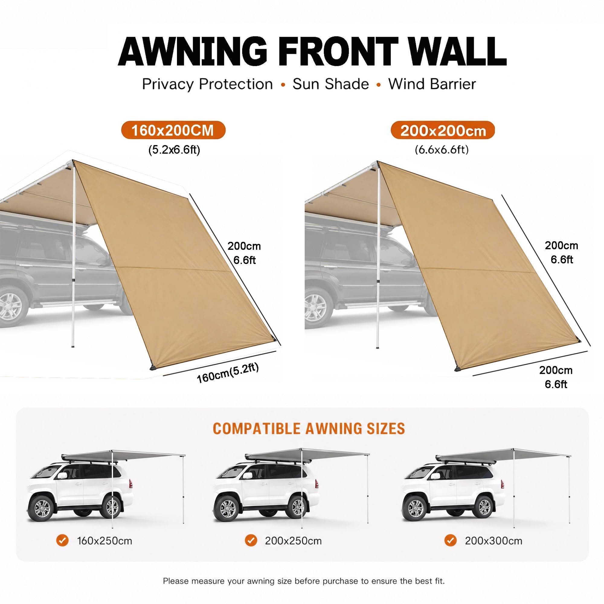 Fahrzeug Vorzelt Erweiterungswand Seitenwand Markise, Markise Auto Autovorzeltwand aus 420D Reißfestem Oxford Stoff, UPF 50+ wasserdichte Platte für Camping(Beige,160x200cm/5.2x6.6ft)