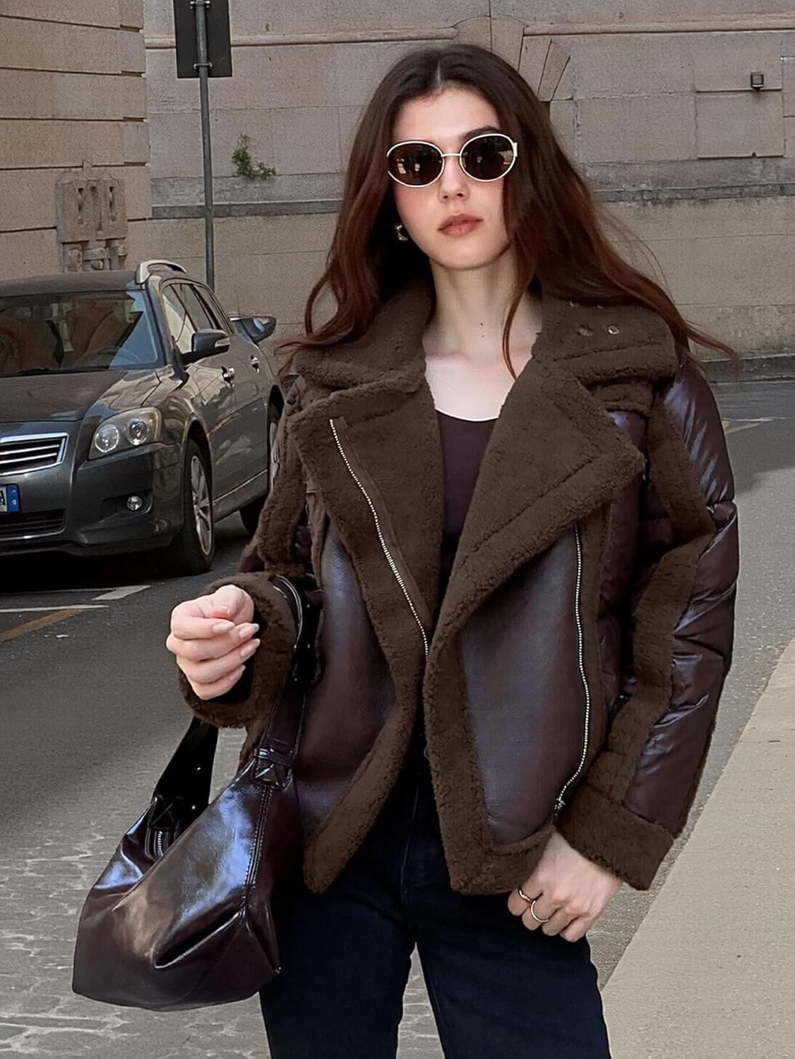 Women's Down Jacket with Faux Leather Thick Warm Winter Casual Fleece Lapel Outwear Zipper Pocket Coat