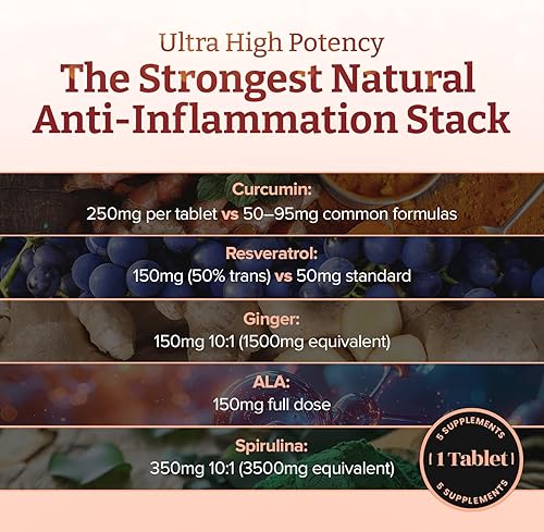 Vista 4 de Inflammease Ultra Complete (resveratrol, jengibre, ALA, espirulina, curcumina, 5 suplementos en uno) 1305 mg x 180 tabletas - 2 botellas de 90