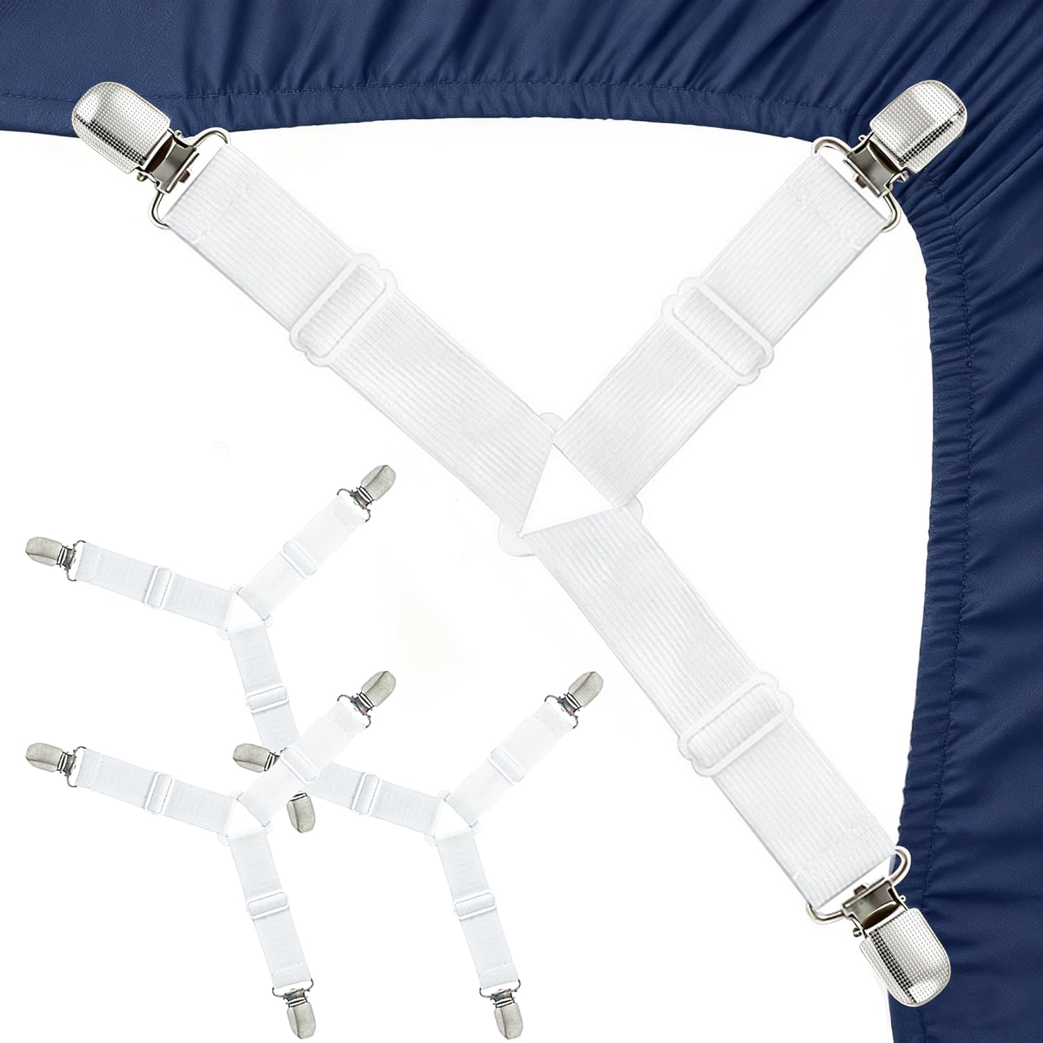 sheet holders Elastic Fasteners with Metal Clips Elastic Adjustable Bedsheet Holders Keep in Place Fitted Bedding Straps, Firm Tight Suspenders for Mattress for a Wrinkle Bed Sheet 4 Pack White
