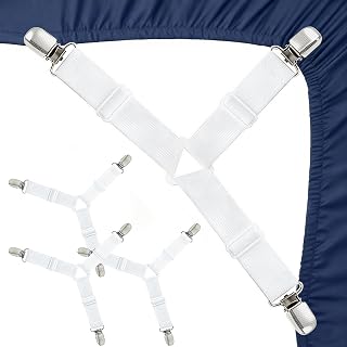 sheet holders Elastic Fasteners with Metal Clips Elastic Adjustable Bedsheet Holders Keep in Place Fitted Bedding Straps, Firm Tight Suspenders for Mattress for a Wrinkle Bed Sheet 4 Pack White