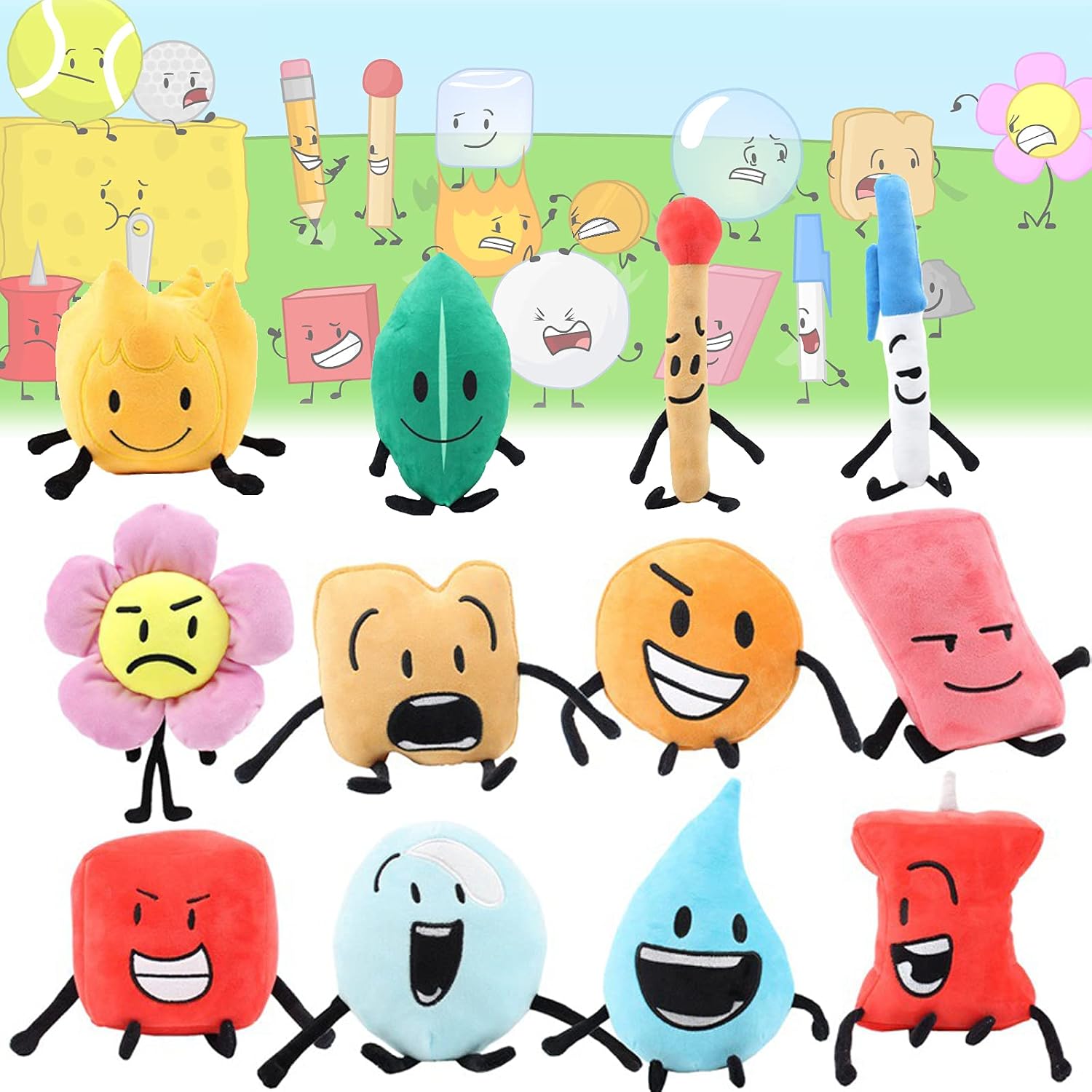 ZEWAN 12Pcs Battle for Dream Island Plush Set,BFDI Plushies Leafy Flower Bubble Teardrop Firey Cube Matches Pen Block Gold Pushpin Rubber Soft Stuffed