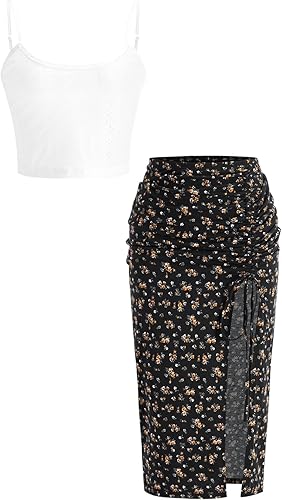 winkbay Women's 2 Piece Summer Outfits Sleeveless Top and Boho Floral High Waist