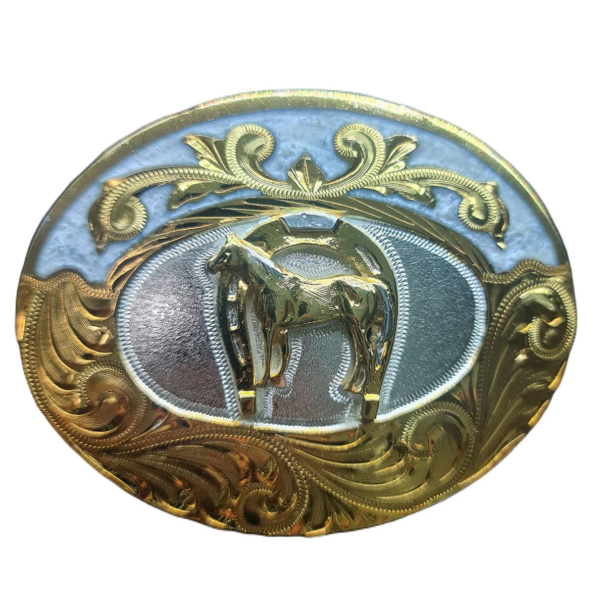 Western Buckles Oval Horse Model with 24K Gold Plated, .925 Silver Plated and White Resin
