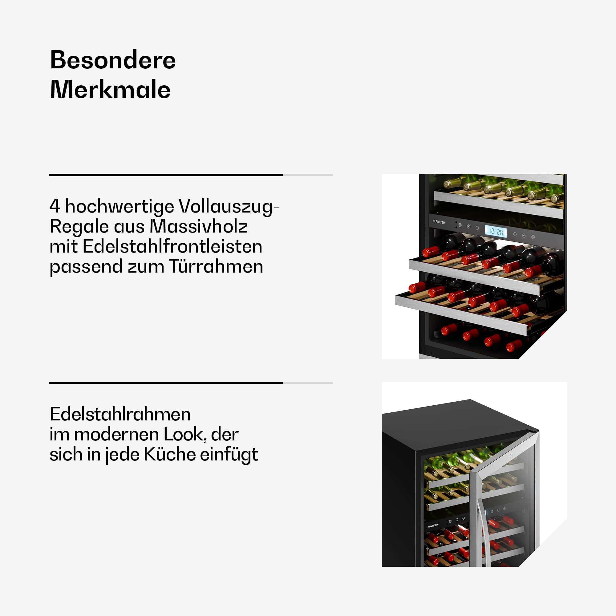 Klarstein VeroSteel Unterbau-Weinkühlschrank – Zweizonen-Weinkühlschrank für 43 Flaschen, UV-Glastür, Touch-Bedienfeld, ausziehbare, leicht zugängliche Holzregale