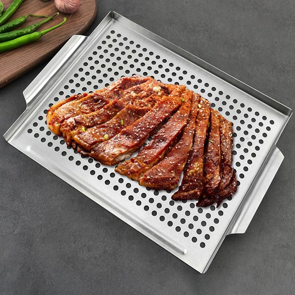 Griglia in acciaio inossidabile, vassoio perforato per barbecue con drenaggio del grasso per piccoli alimenti, cestino per grigliare verdure, accessorio elettrico per griglia a carbone per pentole da
