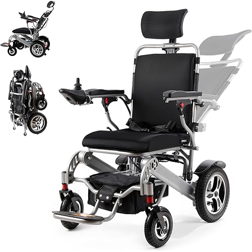Reclining Electric Wheelchair for Adults Foldable Power Motorized Wheelchair Reclining Backrest All Terrain Electric Wheelchair for Seniors Portable Airline Approved