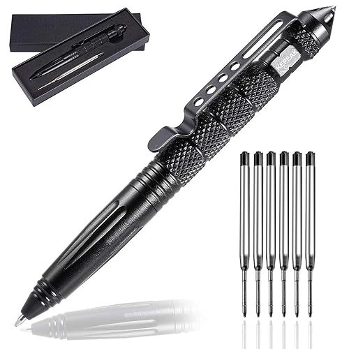 KEPEAK Military Tactical Pen, Professional Self Defense Pen, Emergency Glass Breaker Pen - Tungsten Steel, Writing EDC Survival Tool with 6 Refill