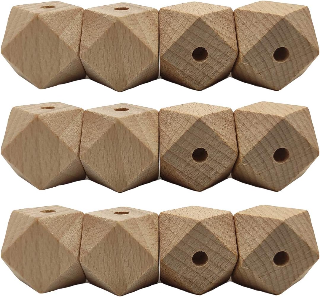 100pcs Faceted Beech Wood Geometric Hexagon Beads 20mm Unfinished Polygon Hexagonal Wooden Beads for Keychain DIY Home Decoration Crafts