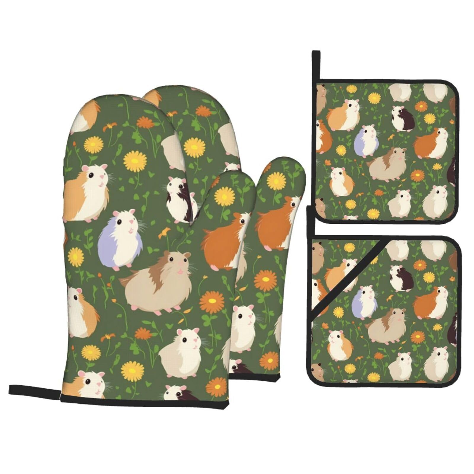 HJFCZH Cute Guinea Pigs Picture Kitchen Baking Set of 4 Thick Insulated Oven Mitt & Pot Holders, Anti-Scalding for Microwave, Oven, Outdoor BBQ