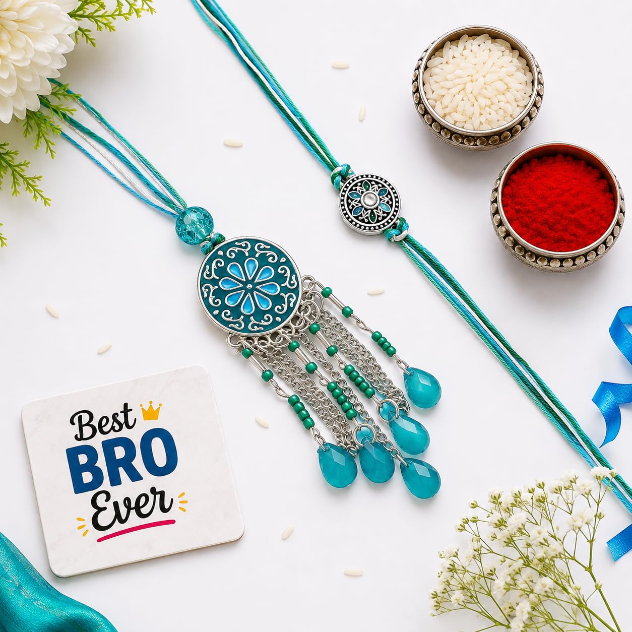 eCraftIndia Floral Designer Bhaiya Bhabhi Rakhi Set with Best Bro Ever Fridge Magnet | Roli Chawal Pack | Rakhi for Brother Bhaiya Bhai | Lumba Rakhi for Bhabhi, Sister