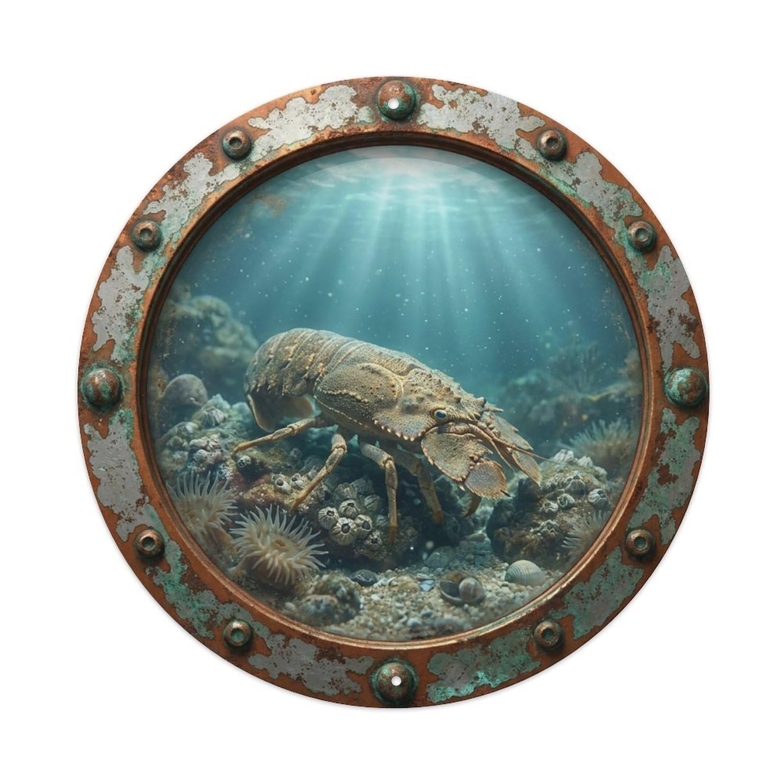 Gead 8X8inch Style Vintage Porthole Slipper Lobster Nautical Window View Metal Tin Sign