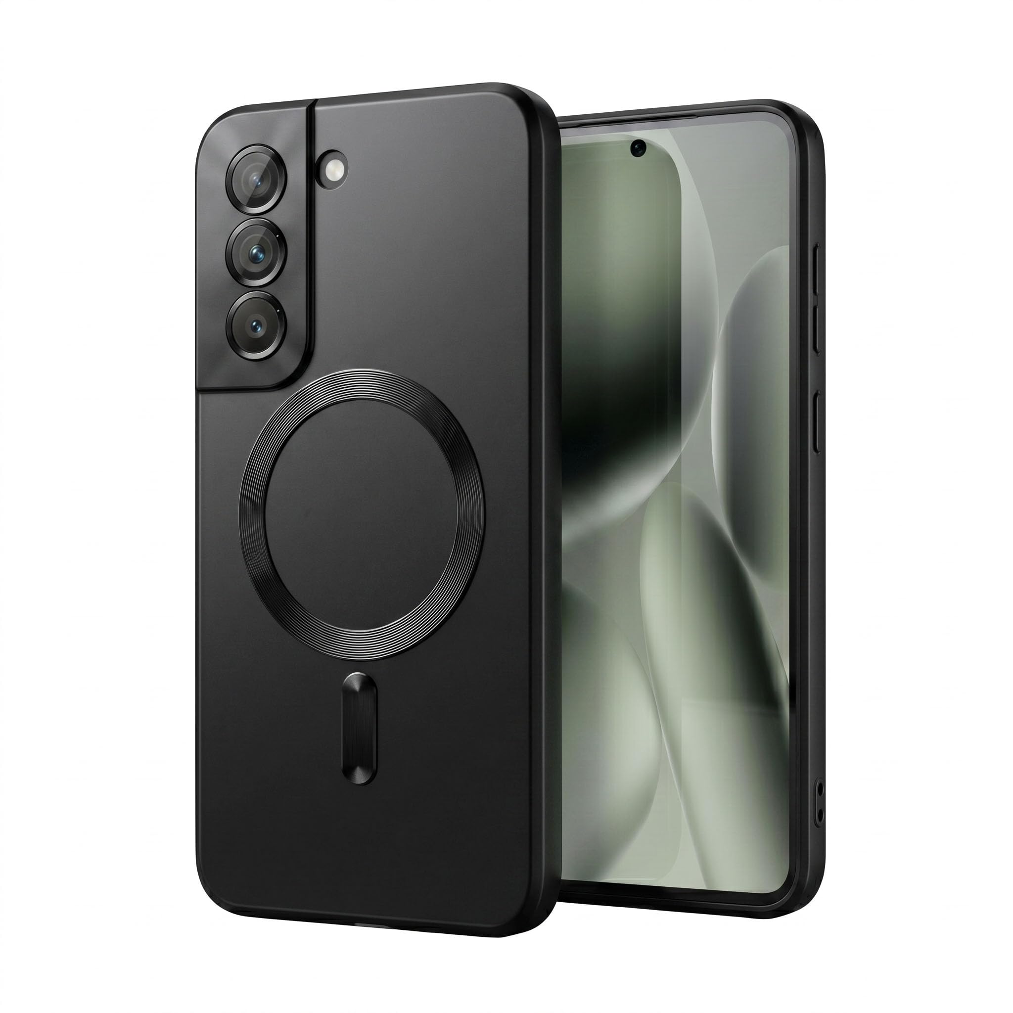 amazon basics Premium Mag-Safe Case for Samsung Galaxy S21 Plus | Shockproof & Anti-Scratch Cover | Soft Silicone with Wireless Charging | Camera Lens Guard - Black