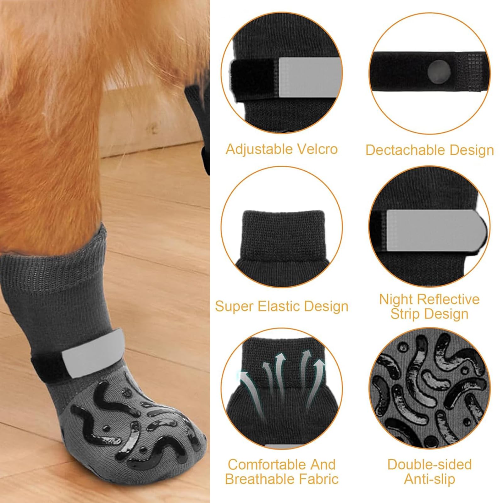 4 Pièces Chaussette Antidérapante Chien, Chaussette Chien avec Bandes de Fixation Réglables avec Renforcement en Caoutchouc Protège, Double Face Antidérapante sur Sol en Bois Dur (L)