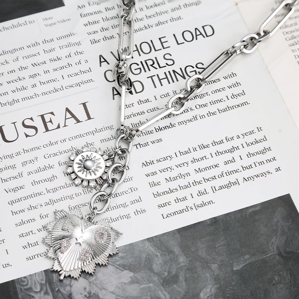 Sun Heart Pendant Choker Necklace for Women,18K Gold Plated Multi Pendants Chunky Chain Hip Hop Neutral Jewelry (Silver) - Image 5