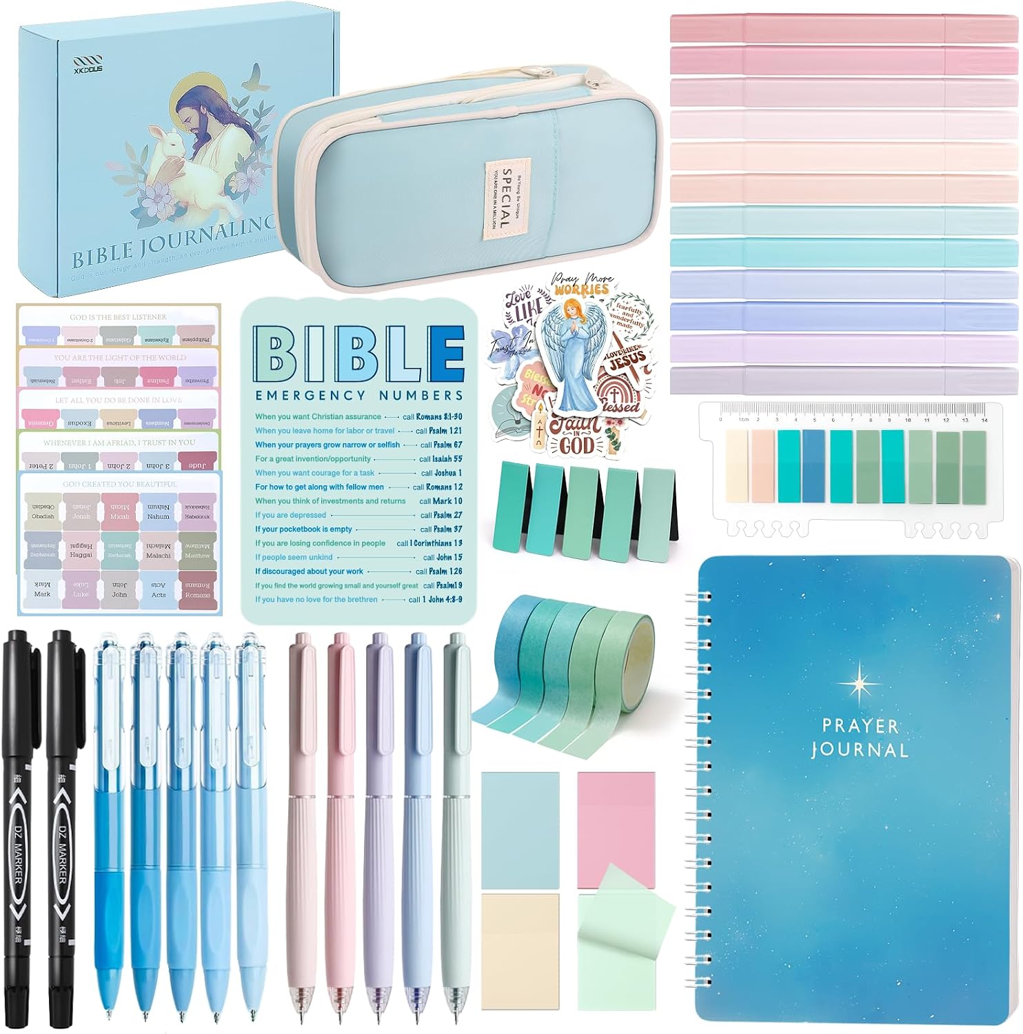 XKDOUS 50 Bible Study Supplies Journaling Kit with Journal and Case, Blue