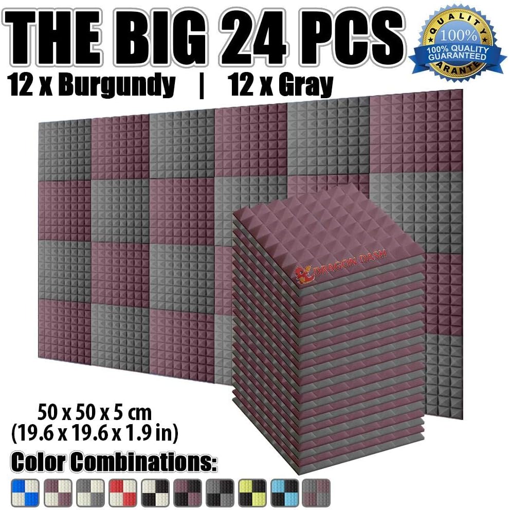 Dragon Dash 24 Pack of 19.6" X 19.6" X 1.9" Inches Burgundy and Gray Acoustic Soundproofing Pyramid Foam Studio Treatment Wall Panel Tiles DD1034 (BURGUNDY & GRAY)