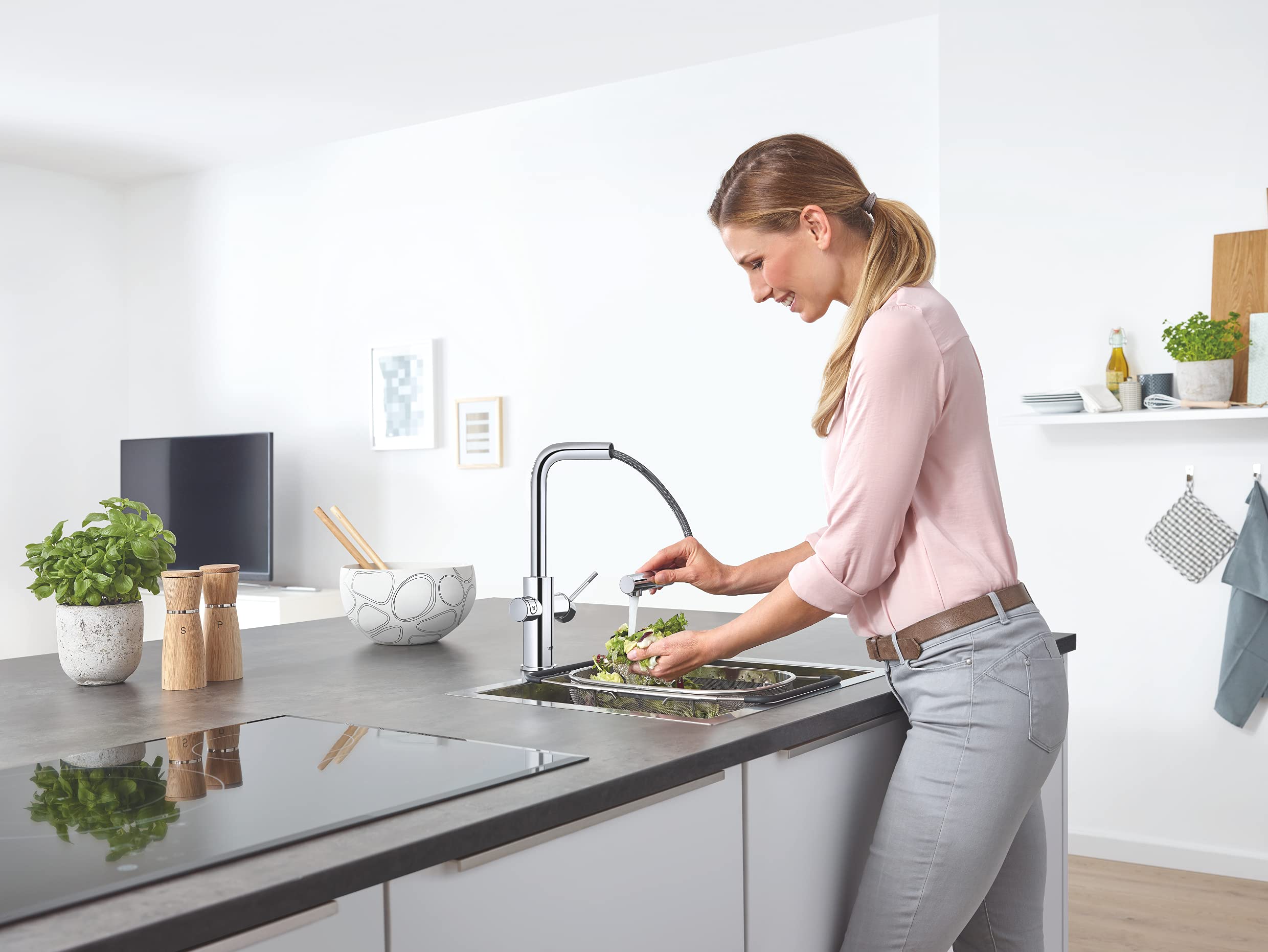 GROHE Blue Home - Grifo de cocina con filtro, enfriador y gas (caño extraíble, para agua filtrada, fría y con gas, sin botella de CO2), cromo, 31927001