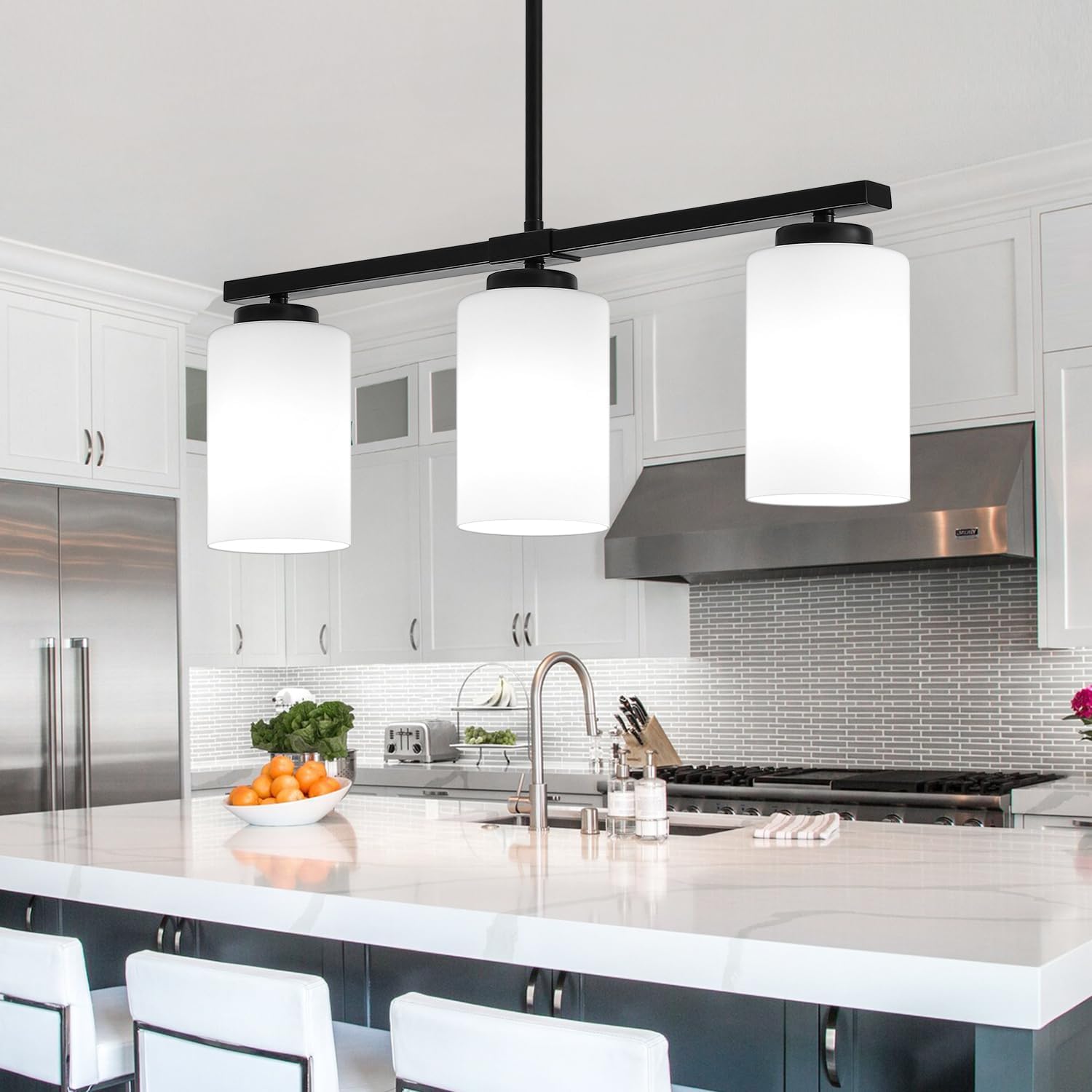 3-Light Kitchen Island Lighting, Black Dining Room Light Fixtures Over Table, Modern Farmhouse Chandeliers with Milky Glass Shade Pendant Light for Dining Room Kitchen Island