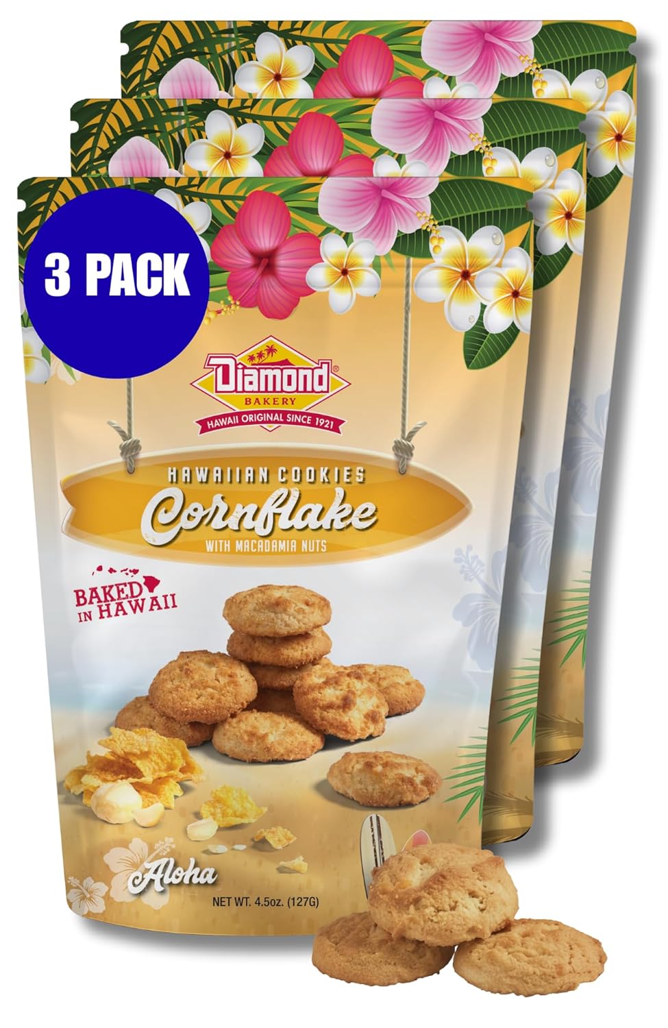 Diamond Bakery Cornflake Macadamia Nut Cookies – Baked in Hawaii with Cornflakes & Macadamia Nuts, 13.5oz, 3-Pack (Each 4.5oz Bag Contains 4 Servings)