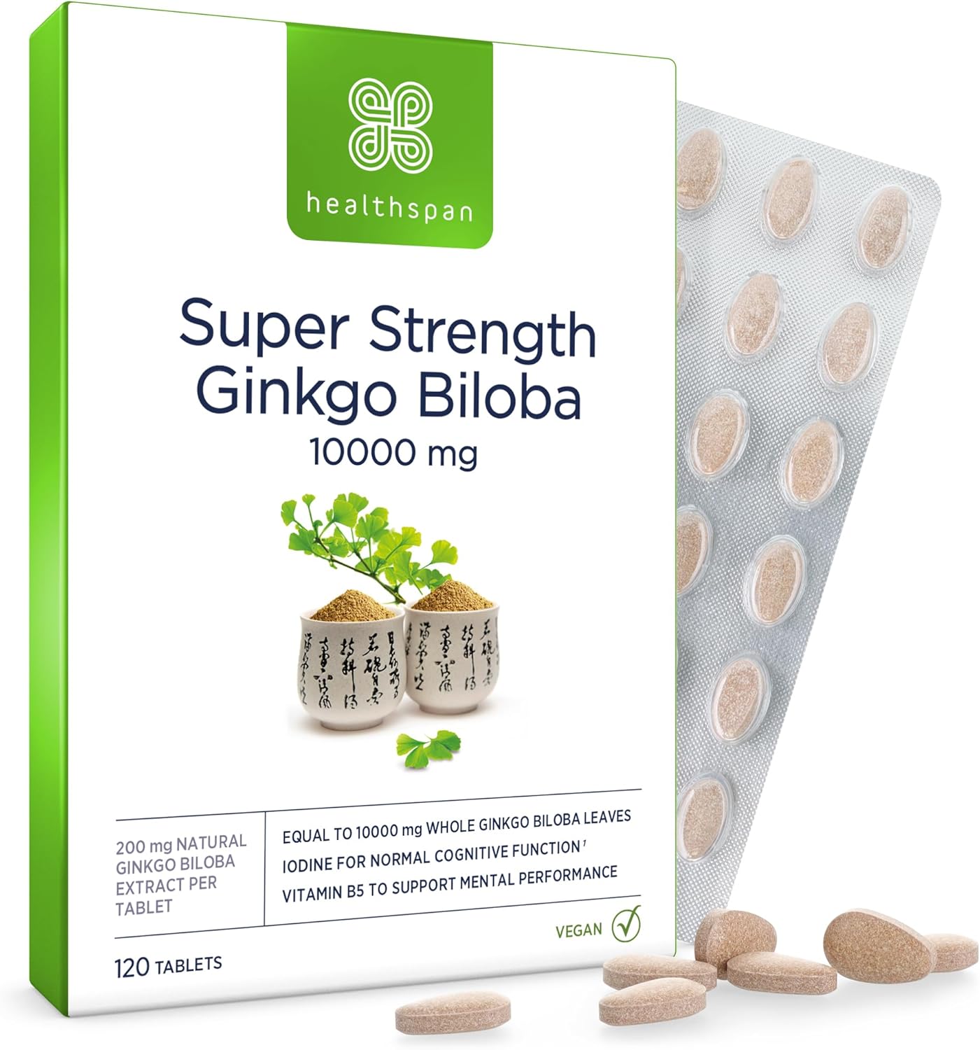 Healthspan Ginkgo 10,000 Cognitive Support (120 Tablets) | Maximum Strength Ginkgo Extract | Mental Function | Added Iodine & Vitamin B5 | Supports Energy | Vegan