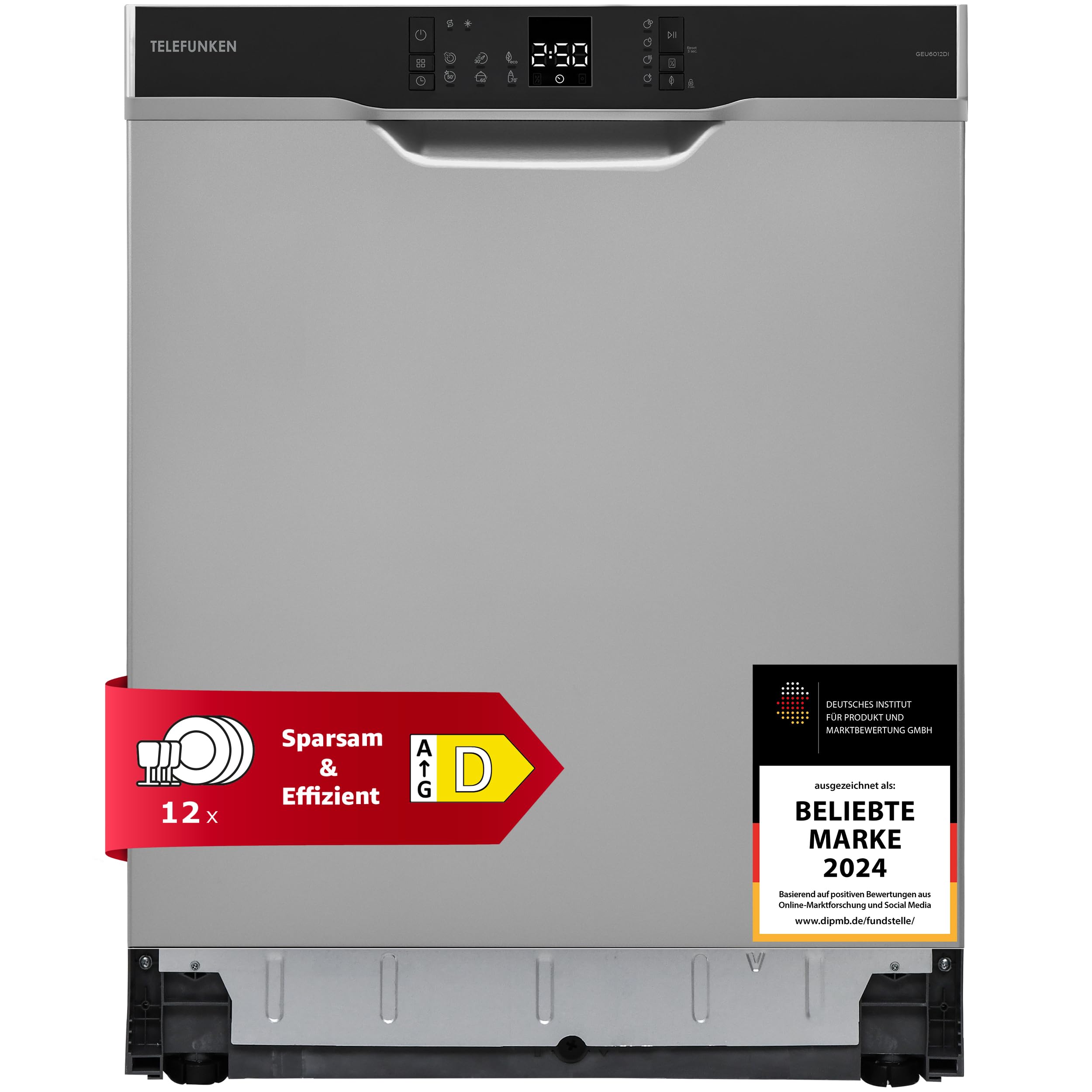 Telefunken Geschirrspüler Unterbau 60 cm, Spülmaschine Silber, 12 Maßgedecke, 6 Programme, AquaStop, Startzeitvorwahl, leise 45 dB, Speed-Wash, Eco, höhenverstellbar, Besteckkorb, GEU6012DI