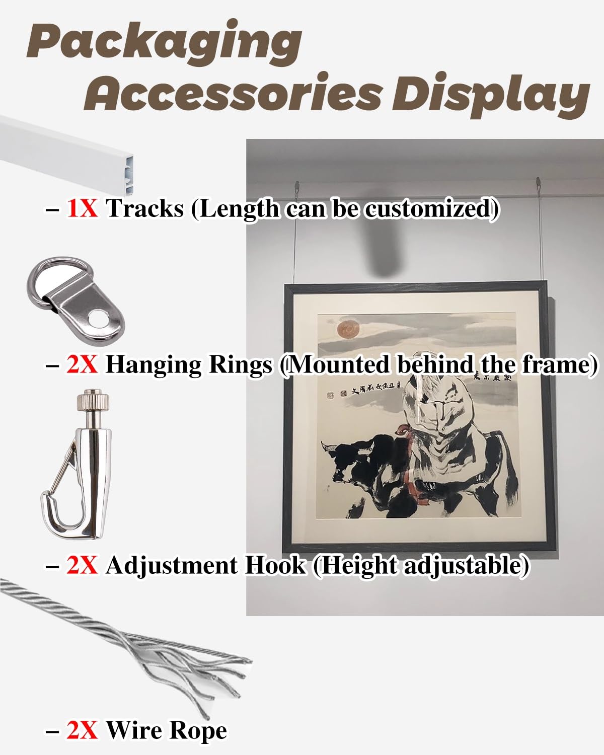 Colgar Cuadros Ganchos para Riel de Cuadros y Estante de Alambre con Tapa, Kit para Colgar Cuadros en La Pared de Una Galería de Arte, Riel Fotográfico para Museos Como Fondo para Caminar(Black,4.9'/1
